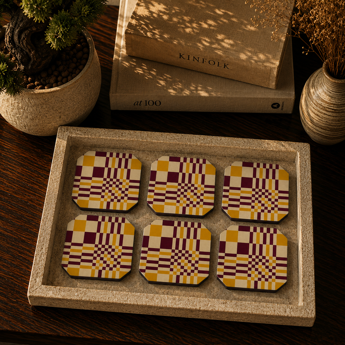Retro Plaid Pattern Wooden Coasters Set of 6