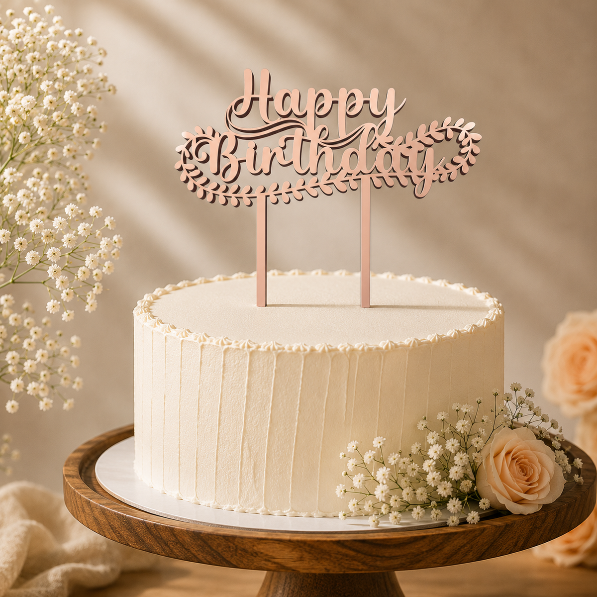 Happy Birthday Floral Script Decorative Cake Topper