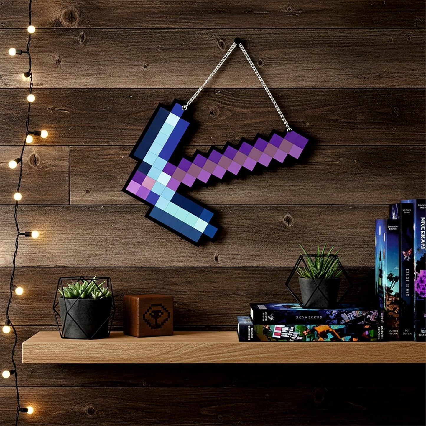 Retro Pixel Enchanted Diamond Pickaxe Gaming Wall Hanging