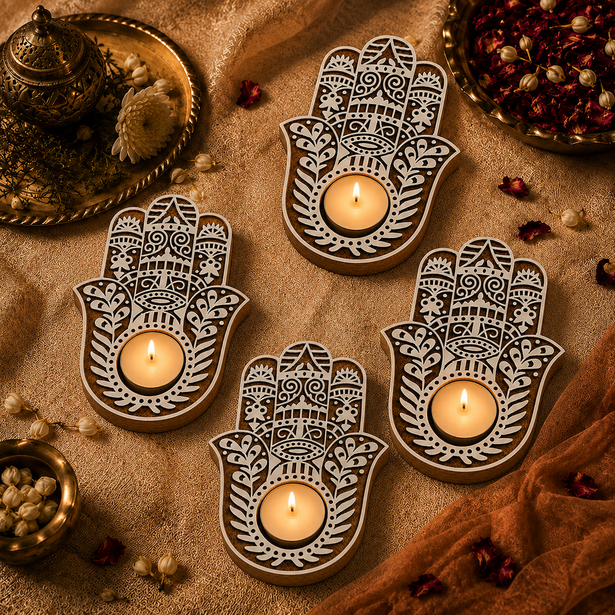 Hamsa Hand Wooden Tea Light Candle Holder