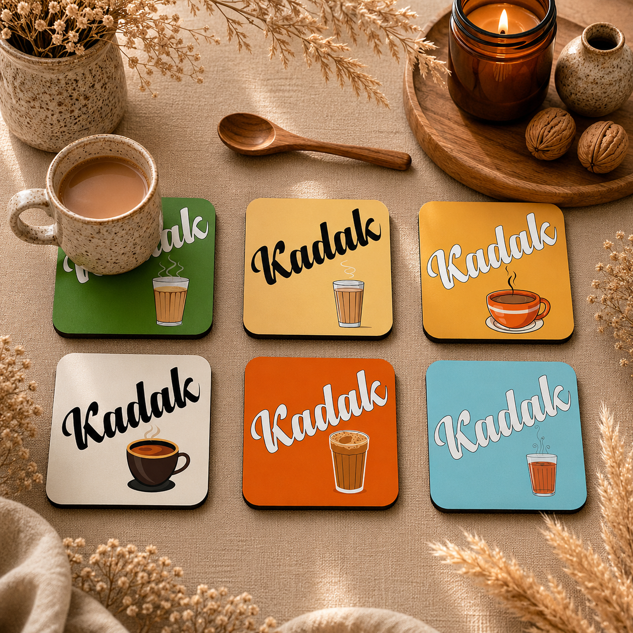 Tea & Coffee Wooden Coasters Set of 6