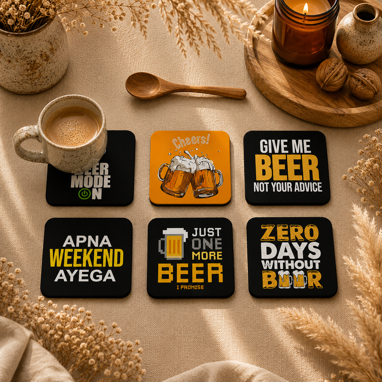 Minimal Drink Icons Wooden Coasters Set of 6