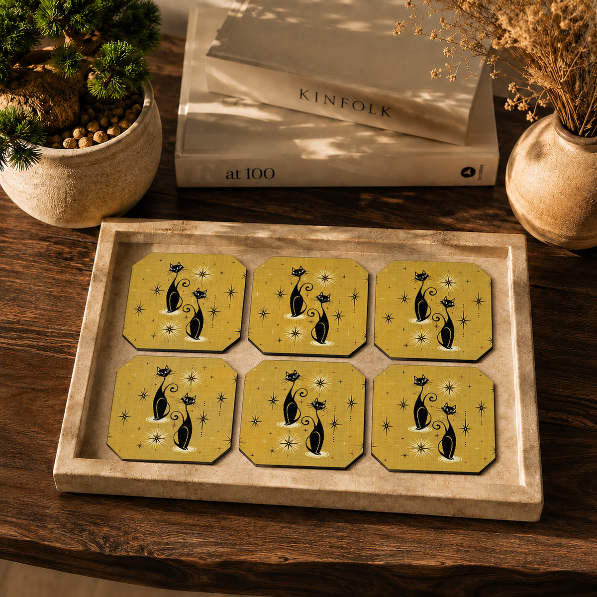 Retro Yellow Cats Coasters Pack of 6