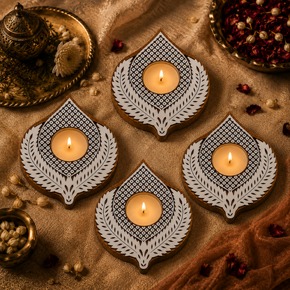 Leaf Motif Wooden Tea Light Candle Holder