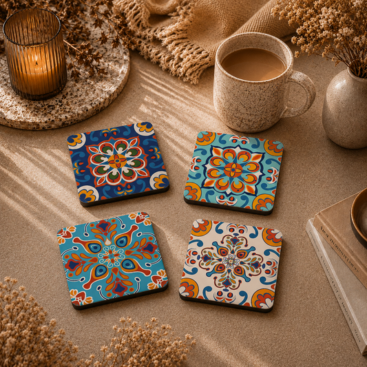 Traditional Print Wooden Coasters Set of 4