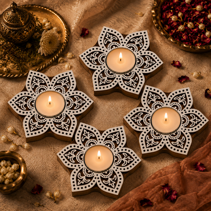 Wooden  Floral Lotus Tea Light Candle Holder
