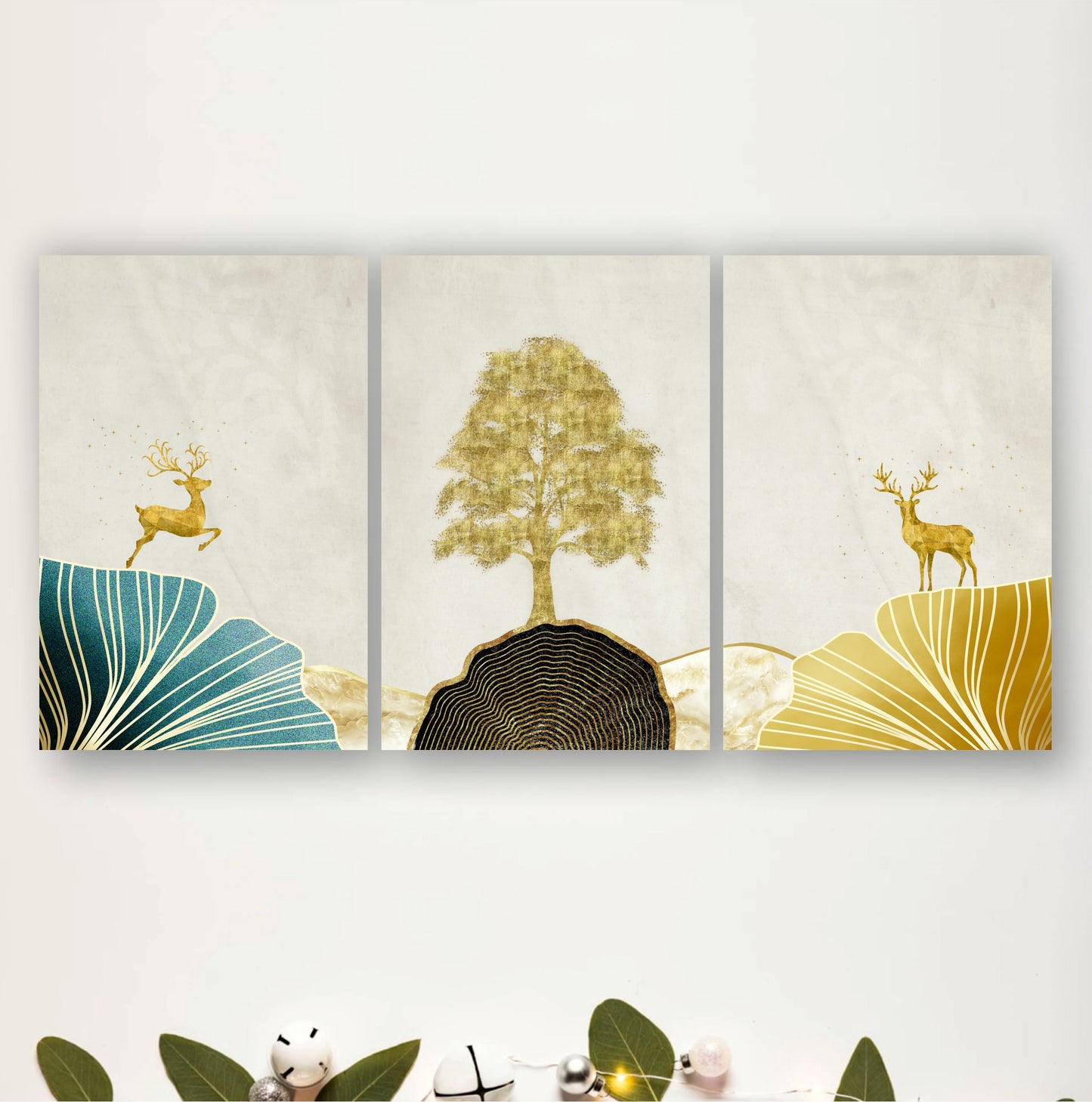 Golden Tree & Deer Wooden Wall Art