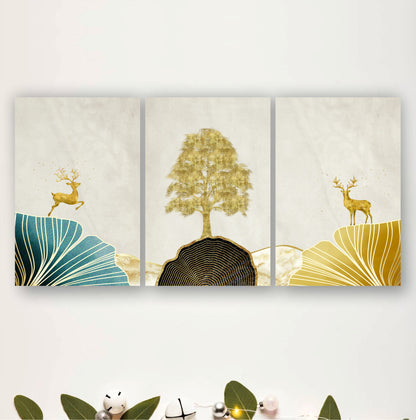 Golden Tree & Deer Wooden Wall Art