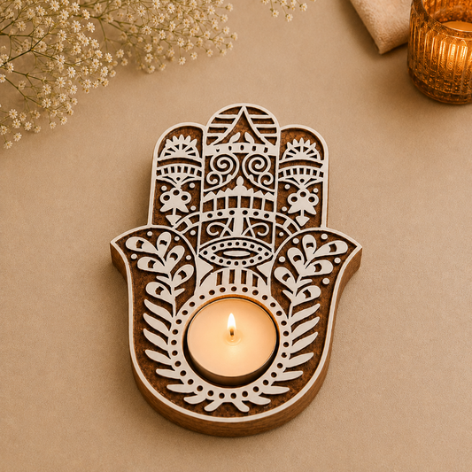 Hamsa Hand Wooden Tea Light Candle Holder