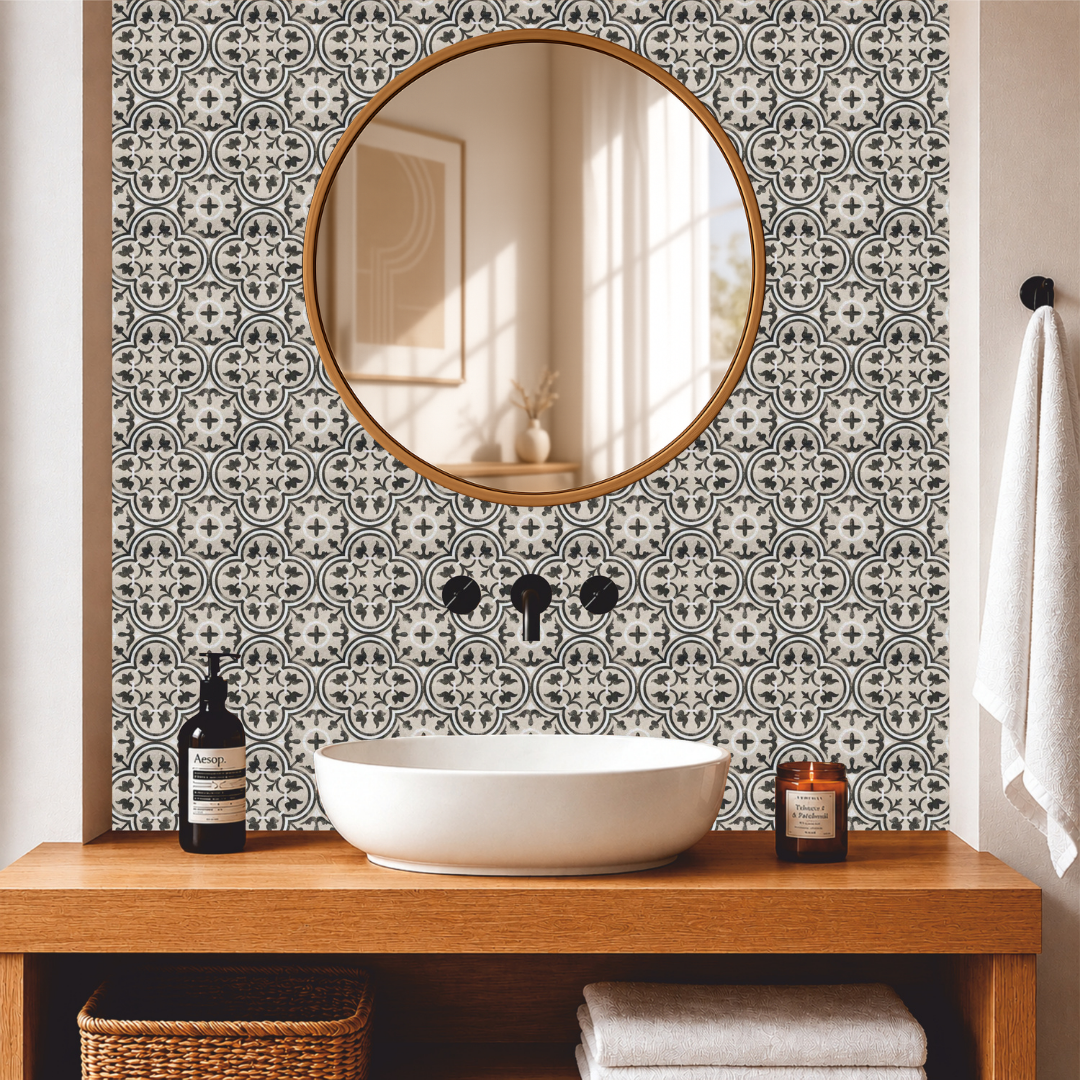 Vintage Monochrome Floral Tile Sticker