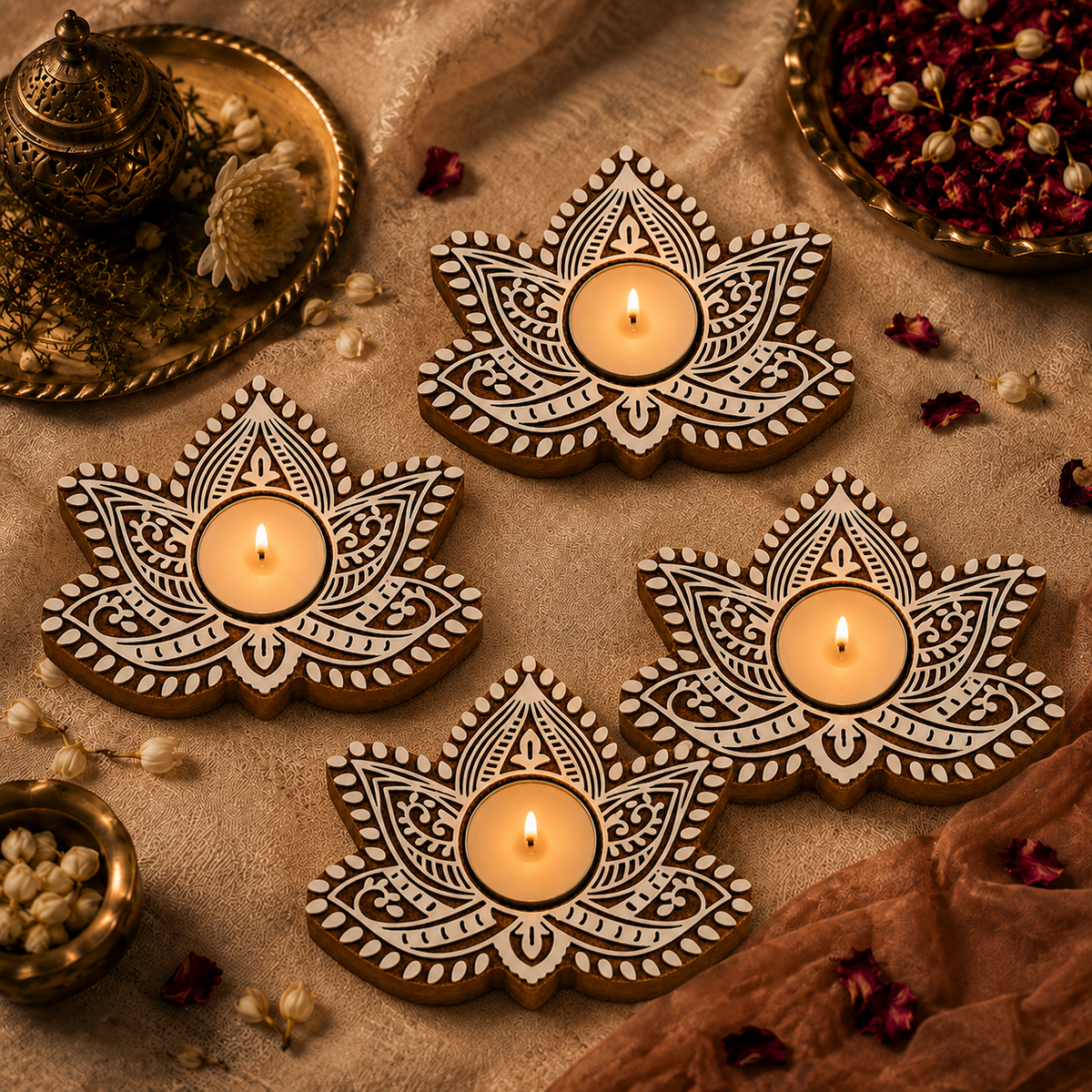 Floral Mandala Wooden Tea Light Candle Holder