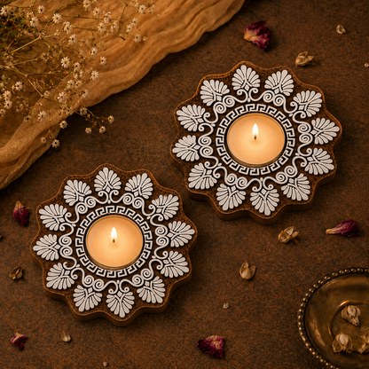 Ornate Floral Wooden Tea Light Candle Holder