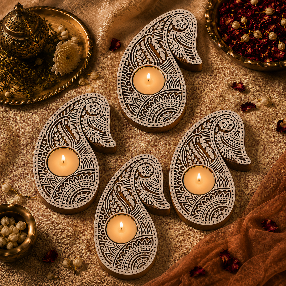 Floral Paisley Wooden Tea Light Candle Holder