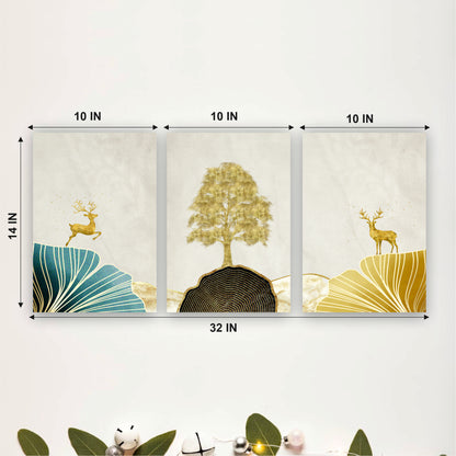 Golden Tree & Deer Wooden Wall Art
