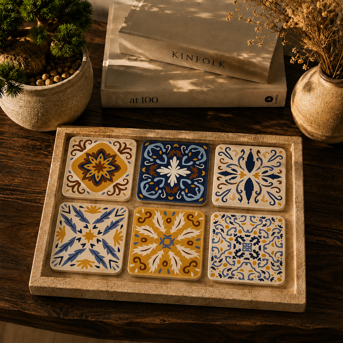 Blue & Yellow Tile Art Wooden Coasters Set of 6