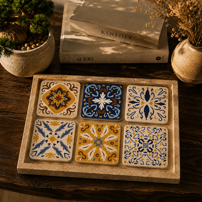 Blue & Yellow Tile Art Wooden Coasters Set of 6