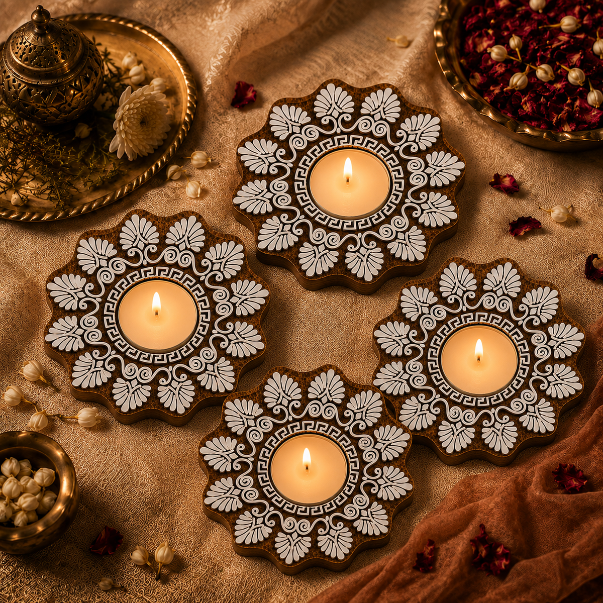 Ornate Floral Wooden Tea Light Candle Holder