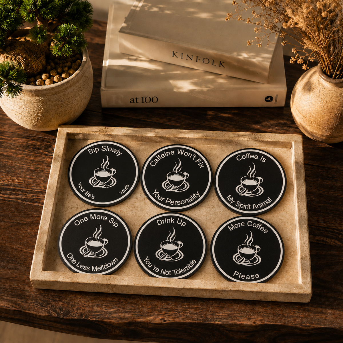 Coffee Quote Round Wooden Coasters Set of 6