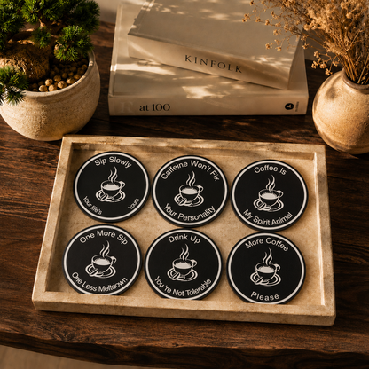 Coffee Quote Round Wooden Coasters Set of 6