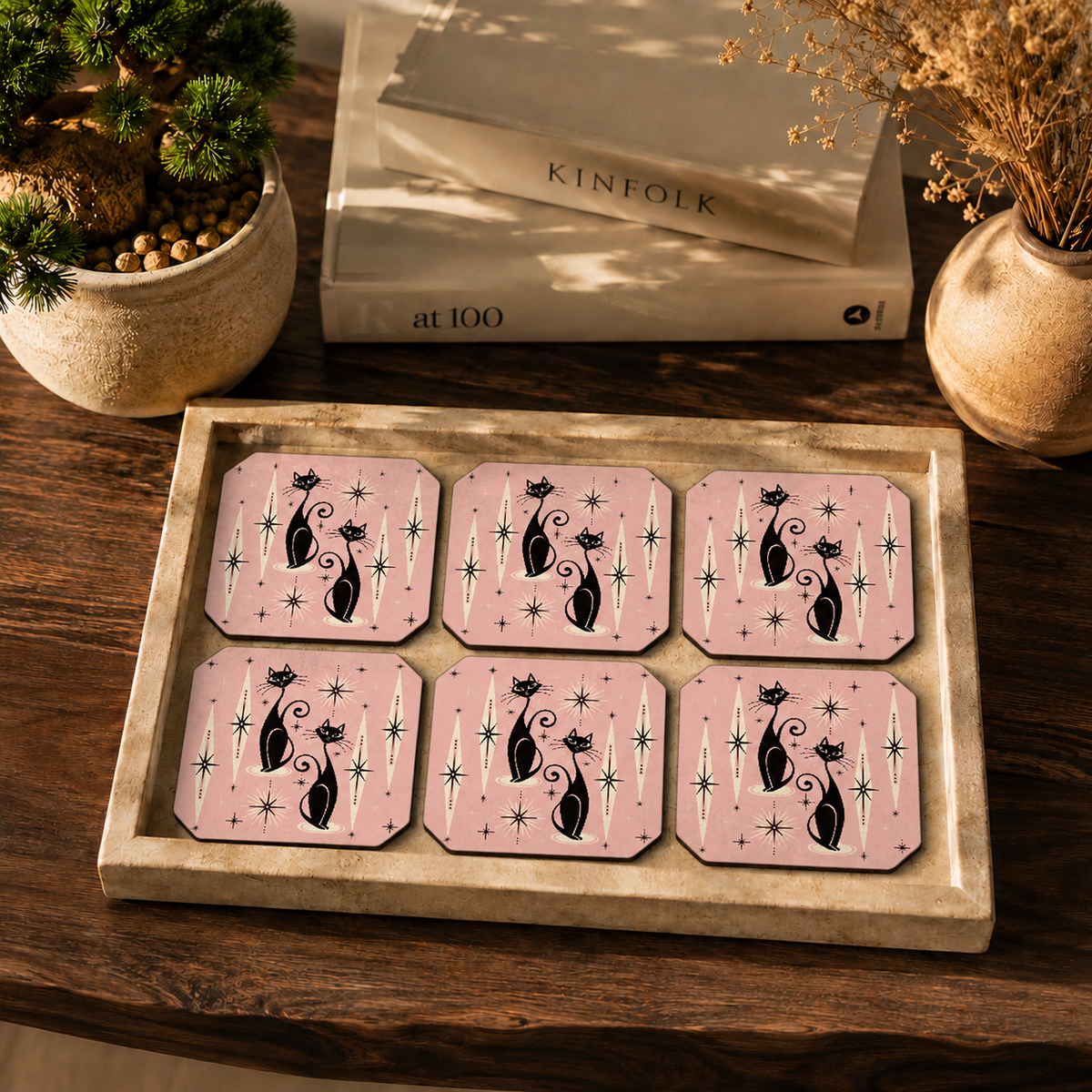 Retro Pink Cats Coasters Pack of 6