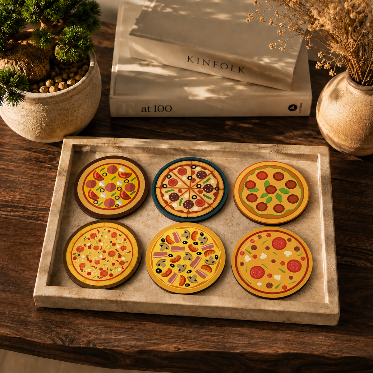 Pizza Lover Round Wooden Coasters Set of 6