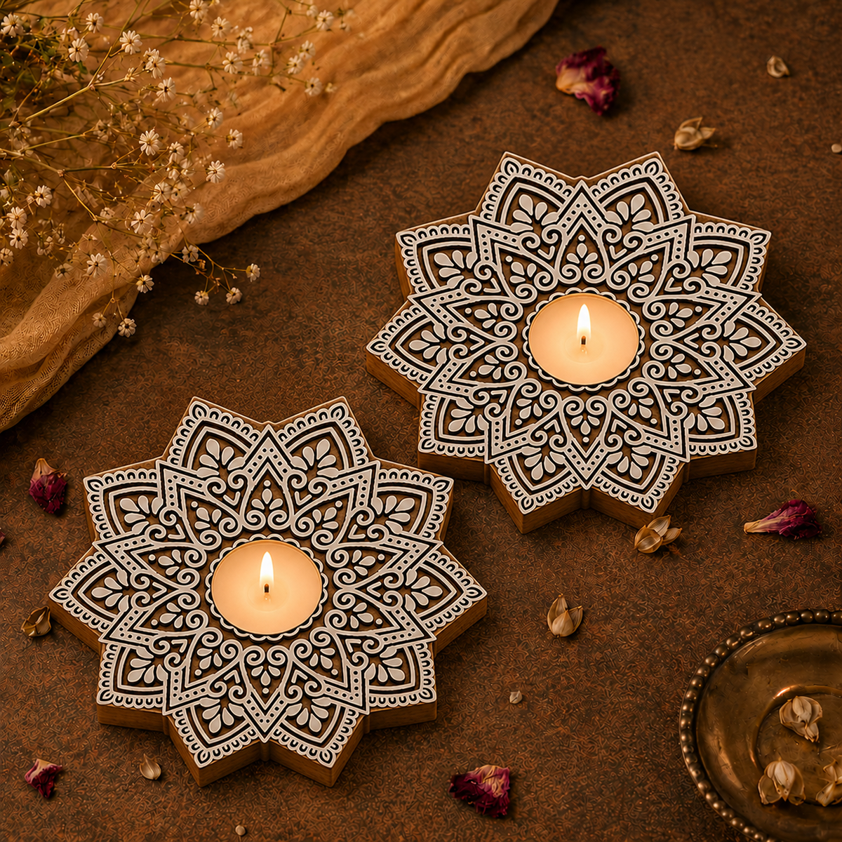 Star Mandala Wooden Tea Light Candle Holder