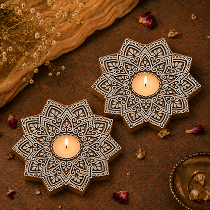 Star Mandala Wooden Tea Light Candle Holder