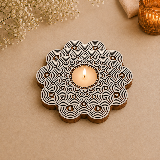 Floral Mandala Wooden Tea Light Candle Holder