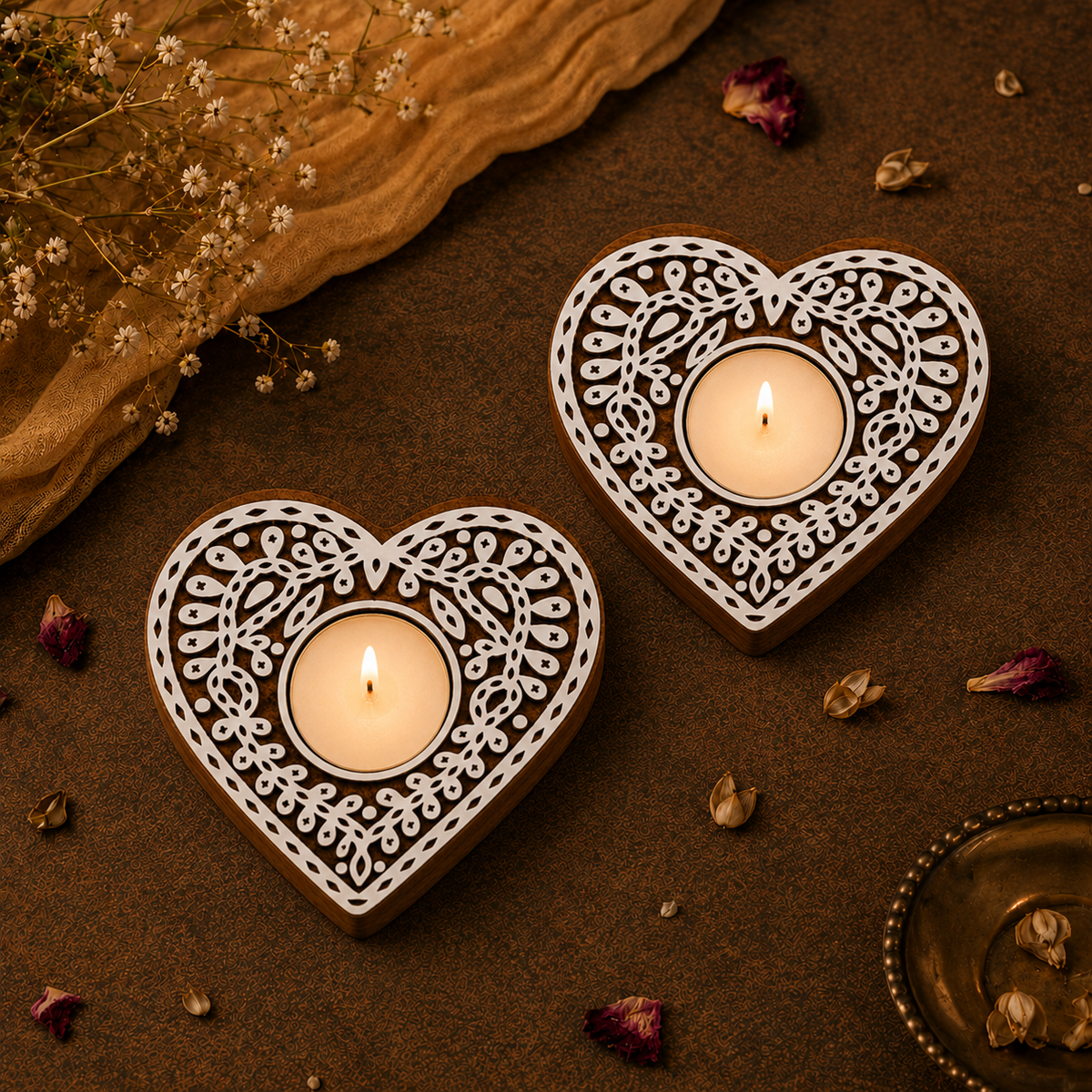 Heart Shaped Wooden Tea Light Candle Holder