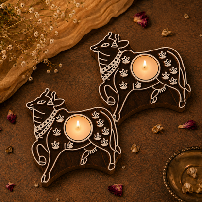 Cow Shaped Wooden Tea Light Candle Holder