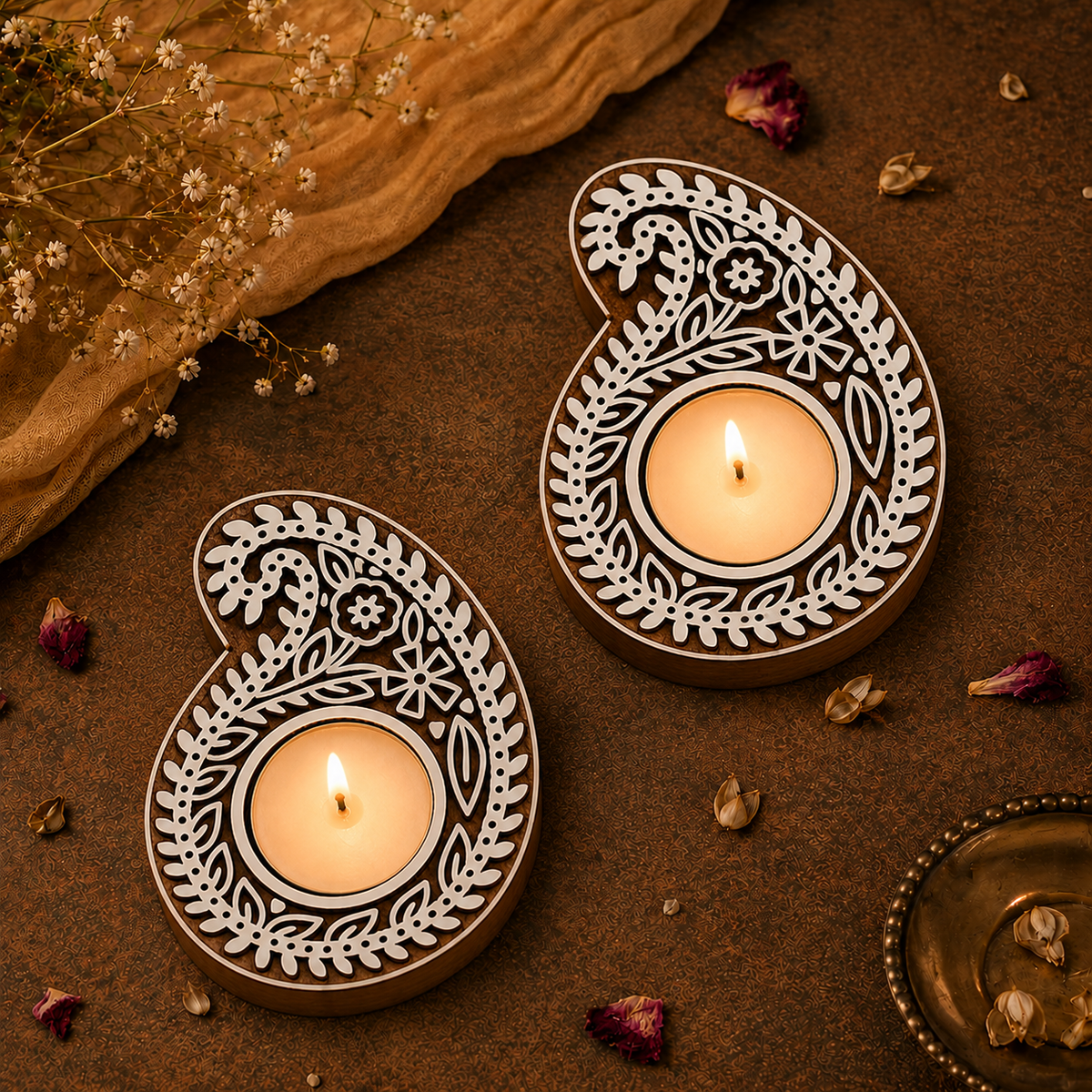 Paisley Floral Wooden Tea Light Candle Holder