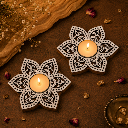 Wooden  Floral Lotus Tea Light Candle Holder