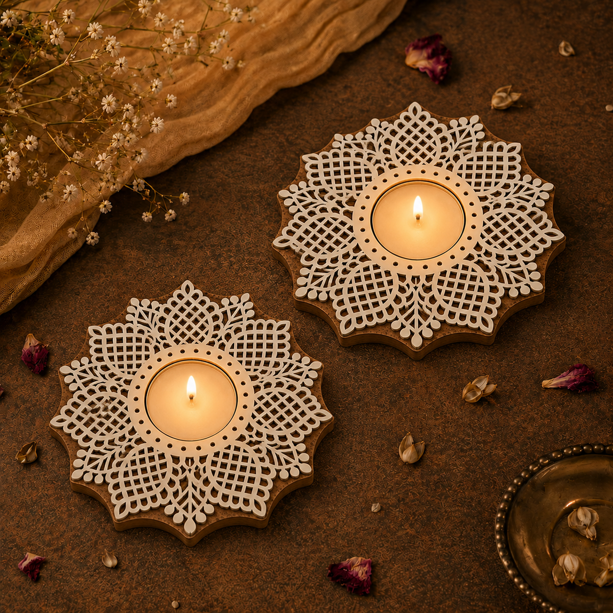 Intricate Mandala Wooden Tea Light Candle Holder
