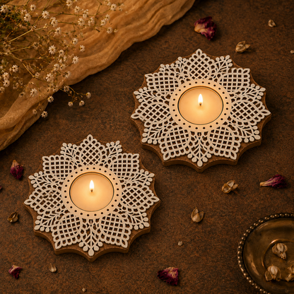Intricate Mandala Wooden Tea Light Candle Holder