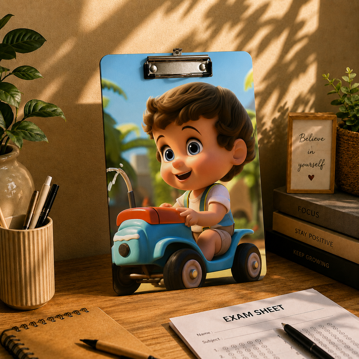 Cute Baby Boy Riding Toy Car Writing Pad Clipboard