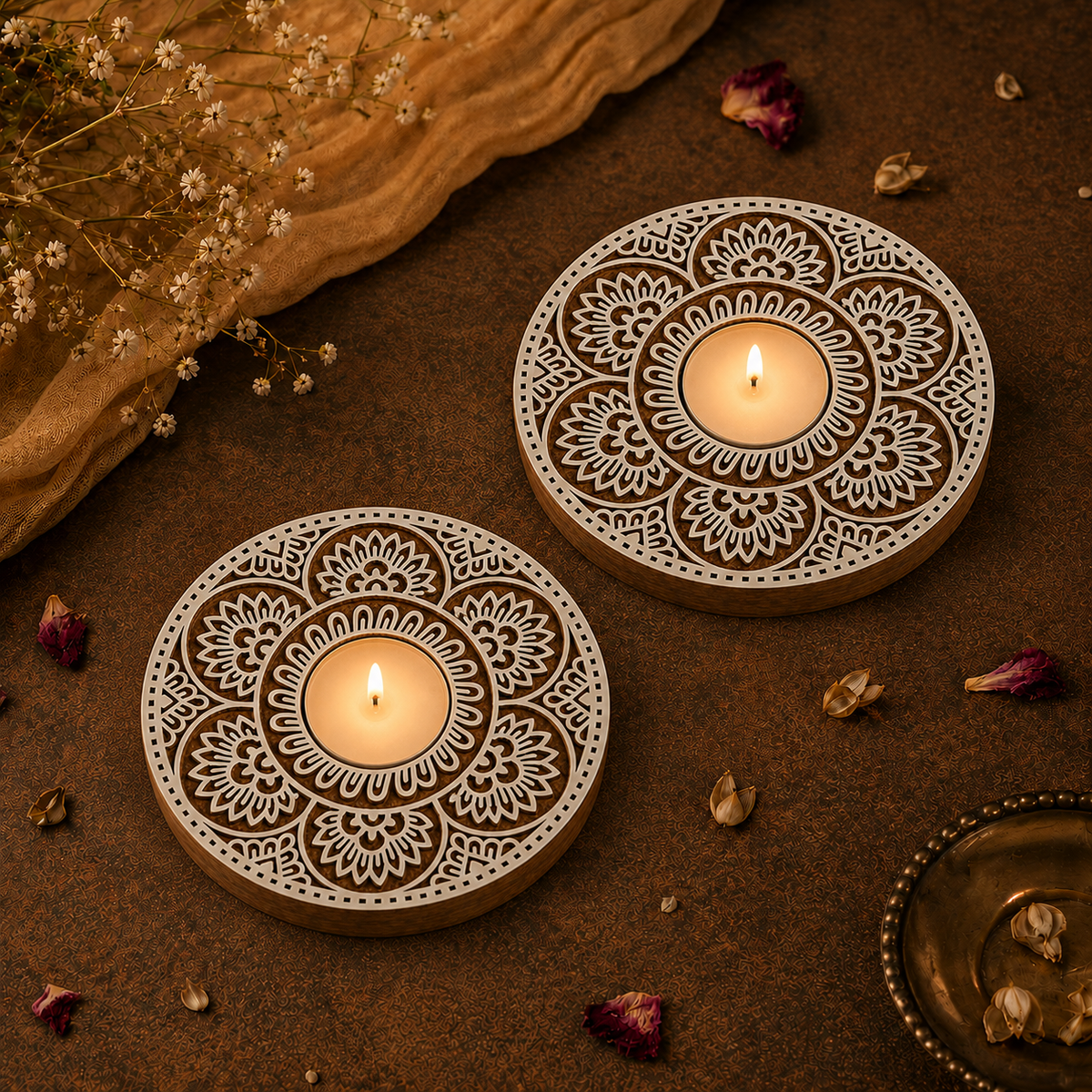 Round Floral Wooden Tea Light Candle Holder