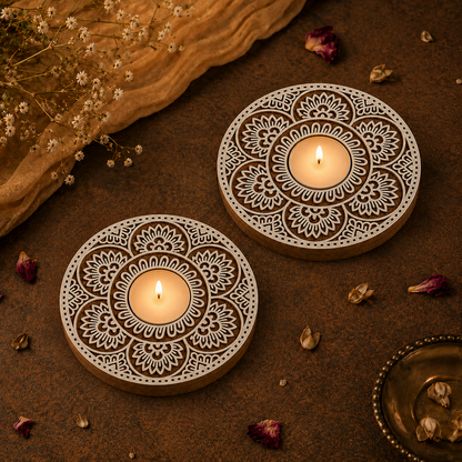 Round Floral Wooden Tea Light Candle Holder