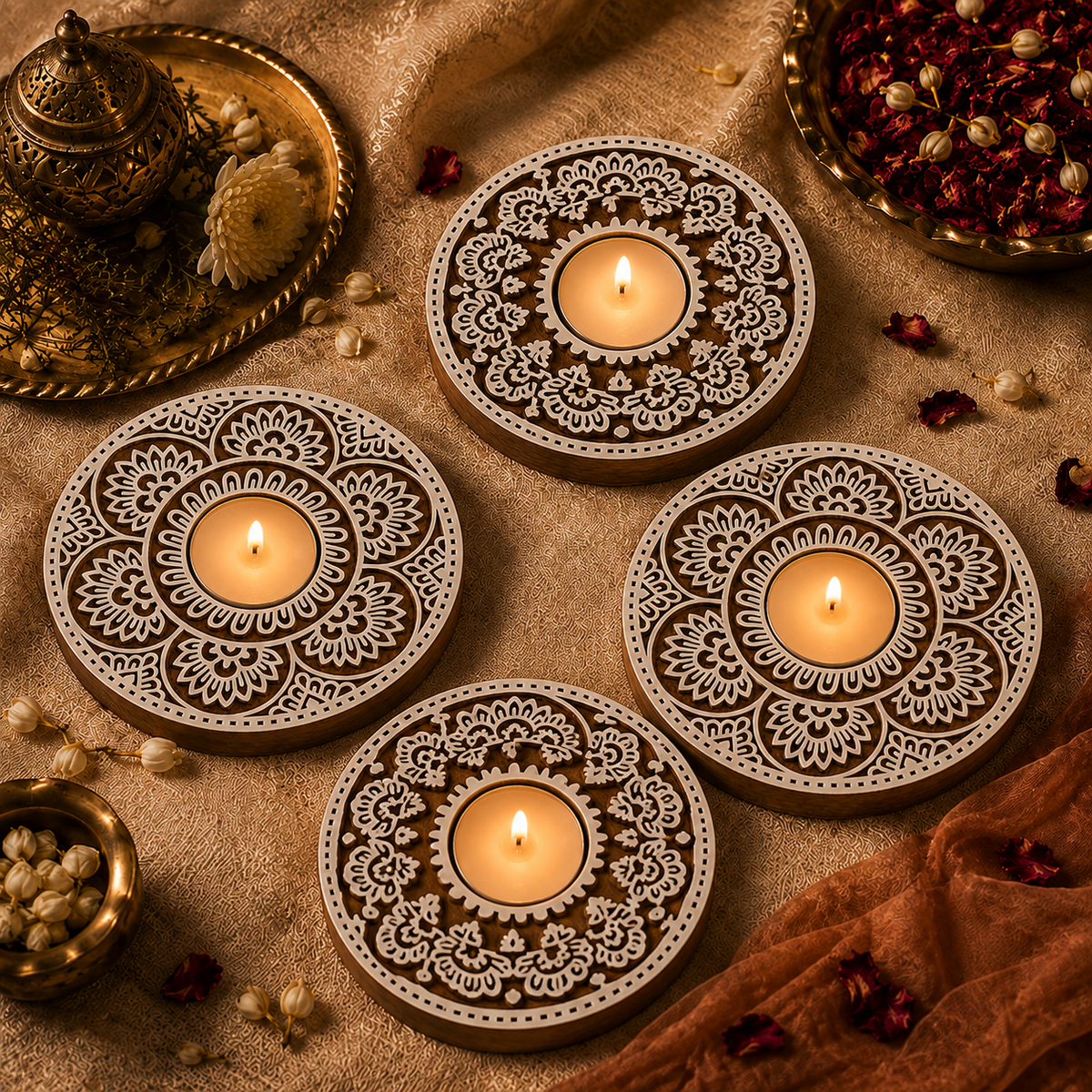Round Floral Wooden Tea Light Candle Holder