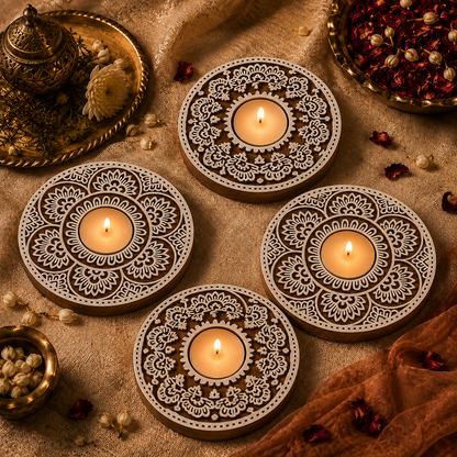Round Floral Wooden Tea Light Candle Holder