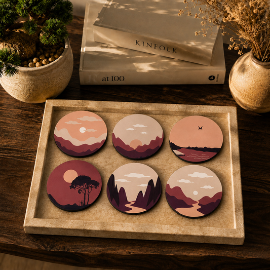 Mountain & Desert Landscape Wooden Coasters Set of 6
