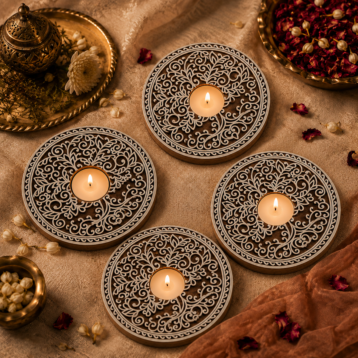 Round Pattern Wooden Tea Light Candle Holder Stand