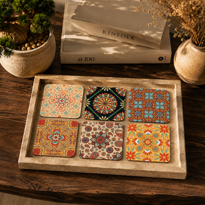 Vintage Boho Wooden Coasters Set of 6