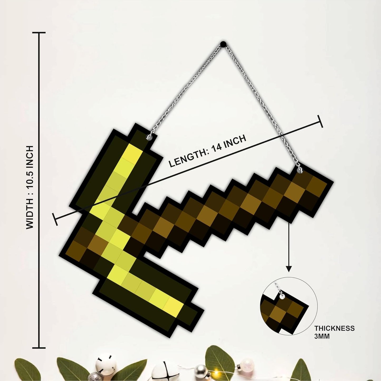 Retro Pixel Golden Pickaxe Gaming Wall Hanging