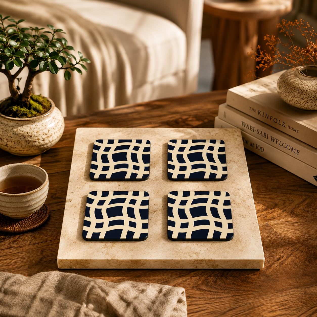 Navy Lattice Coasters Pack of 4