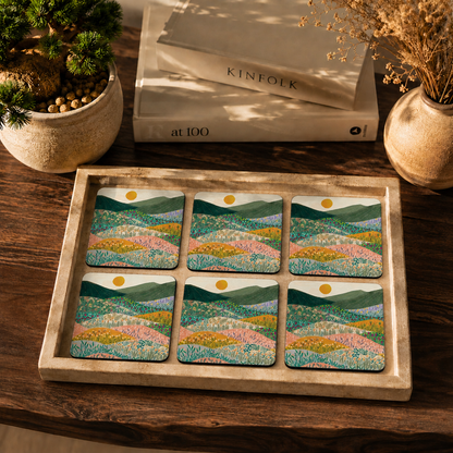 Wildflower Meadow Landscape Wooden Coasters Set of 6