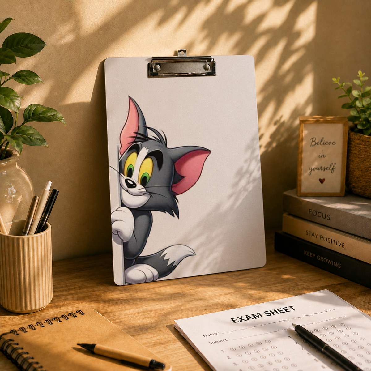 Cute Grey Cat Clipboard – Playful Cartoon Illustration