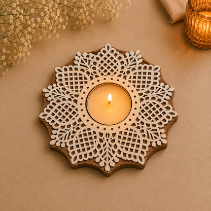 Intricate Mandala Wooden Tea Light Candle Holder