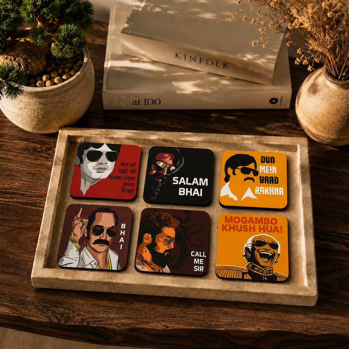 Classic Bollywood Dialogue Wooden Drink Coasters Set of 6