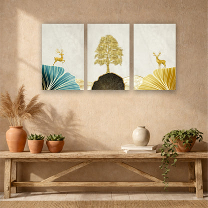 Golden Tree & Deer Wooden Wall Art
