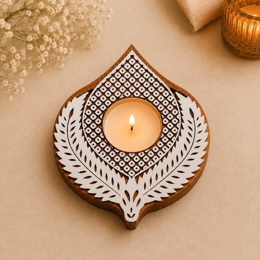 Leaf Motif Wooden Tea Light Candle Holder